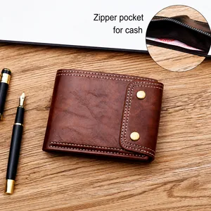 Brown vintage men's wallet with button clasp and internal zipper pocket for cash
