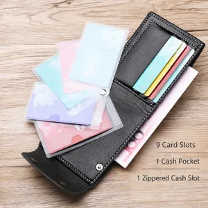Short black oil wax leather men's wallet with 9 card slots and a secure zipper pocket