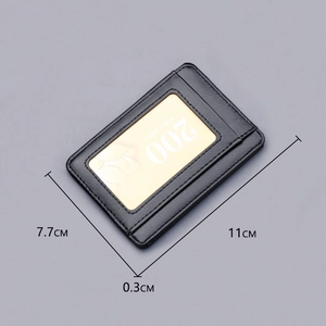Slim black PU leather card holder with clear window and 11cm x 7.7cm size details