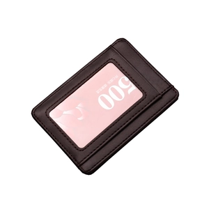 Slim dark brown leather card holder with clear ID window and durable stitched edges