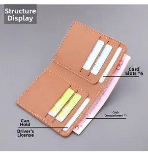 Detailed view of brown leather bifold wallet showing 6 card slots and driver license slot
