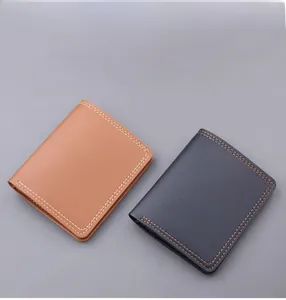 Slim vertical men's bifold wallets in brown and blue with contrast stitching details