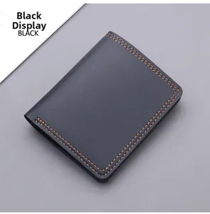 Close-up of slim black leather vertical wallet featuring vibrant orange double stitching