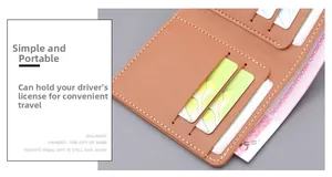 Detail of slim leather wallet showing multiple card slots and driver license pocket