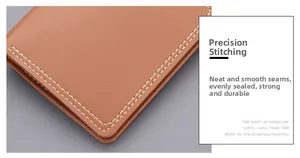 Macro shot of exquisite double-row stitching on brown litchi grain leather wallet