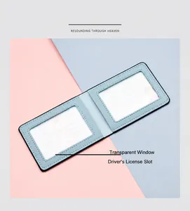 Detail view of light blue driver's license holder with two transparent PVC card slots