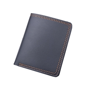 Vertical slim bifold men's wallet in navy blue leather with orange contrast stitching