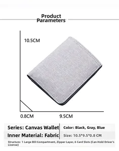 Vertical canvas wallet technical diagram showing dimensions 10.5x9.5x0.8cm and internal layout