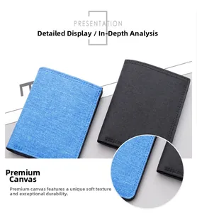 Detail view of ultra-thin canvas wallets in blue and black with premium double stitching