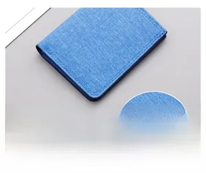 Detail view of the fine stitching and blue canvas texture on this slim men's wallet