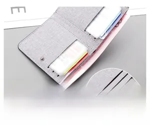 Detailed view of gray canvas vertical wallet with multiple card slots and banknote pocket