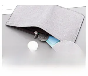 Detail view of canvas wallet showing hidden zipper pocket for coins and cards