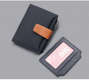 Detail of dark grey canvas wallet with brown leather strap and matching card holder window