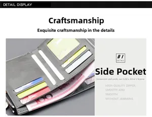 Detalle de cartera de lona gris con ranuras para tarjetas, cremallera y portacarné