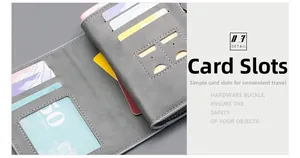 Detalle de la cartera de lona gris con ranuras para tarjetas y ventana transparente ID
