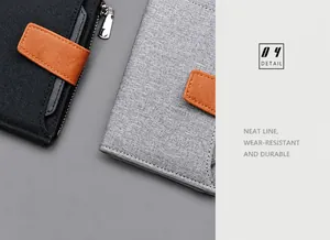 Macro detail of canvas wallet featuring precise stitching and leather button fastener