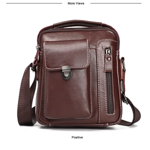 Front view of a dark brown leather messenger bag with top handle and adjustable strap