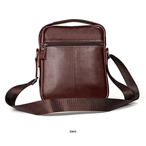 Rear view of dark brown leather messenger bag with horizontal zipper pocket and handle