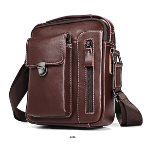Side view of dark brown genuine leather messenger bag with white stitching and metal buckle