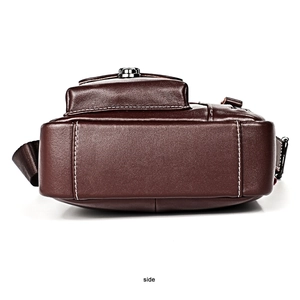 Side view of dark brown leather messenger bag with detailed white contrast stitching
