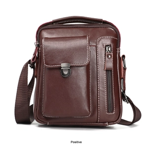 Front view of a dark brown vintage leather shoulder bag with multiple functional pockets