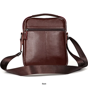 Detail view of genuine leather messenger bag back showing zipper pocket and adjustable strap