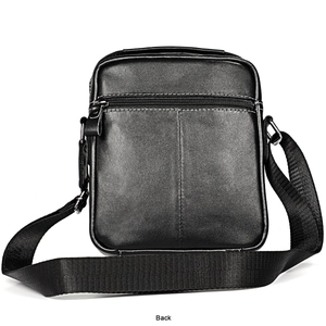 Rear view of a black leather messenger bag featuring white stitching and a zipper pocket