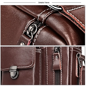 Detail of genuine leather shoulder bag showing contrast stitching and metal hardware