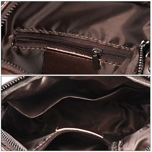 Macro shot of men's leather crossbody bag interior showing zip pocket and lining