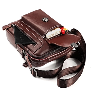 Brown genuine leather men's crossbody bag with flip pocket and adjustable nylon strap