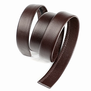 Close-up of premium dark brown lychee grain cowhide leather belt strap with fine stitching