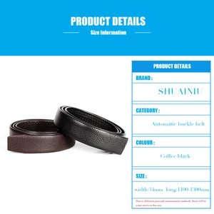 Detail showing 34mm wide lychee pattern leather belts in black and dark coffee colors