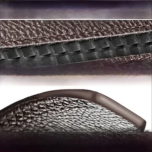 Macro detail of brown leather belt featuring lychee texture and precision stitching