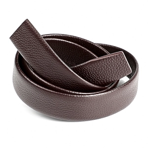 Men's dark brown litchi grain genuine leather belt strap in a coiled professional view