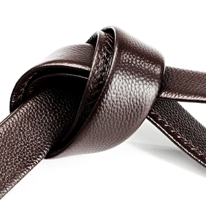 Men's dark brown leather belt with lychee grain texture and precise stitching detail