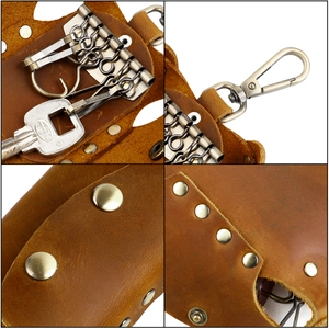 Detailed views of handmade brown leather key wallet with six bronze hooks and swivel clasp