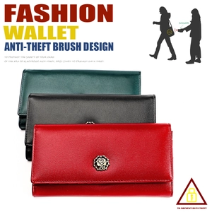 Three RFID leather wallets for women featuring vintage copper rose embossing detail