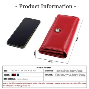 Red genuine leather long wallet size details and multi-functional 17 card slots guide