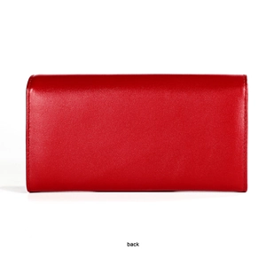 Rear view of long red leather RFID wallet showing fine stitching and minimalist texture