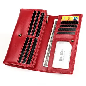 Detail view of red leather long wallet interior with multi-card slots and RFID protection