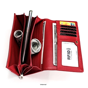 Detail of red RFID leather wallet showing card slots, phone pocket and zip coin pouch