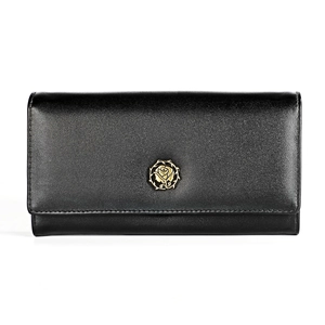 Close-up of black leather wallet with golden rose logo and precision stitching details