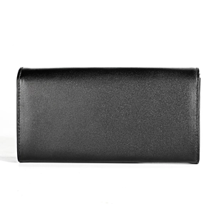 Close-up of black leather wallet showing fine grain texture and precision stitching