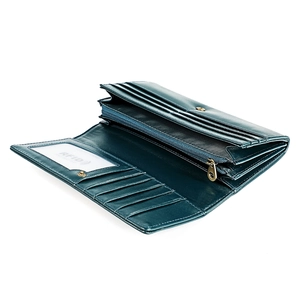 Detailed interior of a large leather RFID wallet showing card slots and zipper pocket