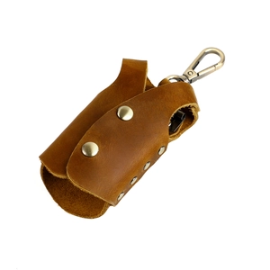 Handmade brown genuine leather key holder pouch with vintage brass hook and snap closure