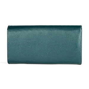 Detail of dark green leather long wallet showing fine stitching and rfid texture