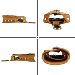 Handmade brown genuine leather key case with vintage metal hooks in four split views