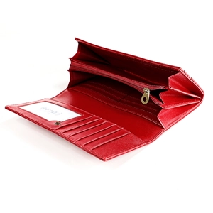 Detail of red leather long wallet showing multi-slot interior and RFID protection pocket