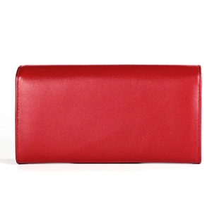 Close-up of deep red leather wallet texture with precision stitching and flap closure