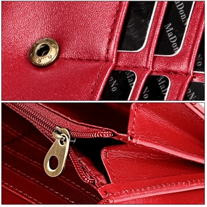 Detailed interior of red RFID leather wallet featuring multiple card slots and metal zipper